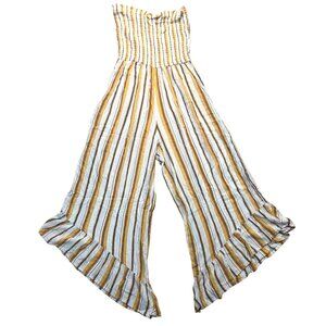 Angie Womens Smocked and Striped Ruffled Strapless Jumpsuit L
